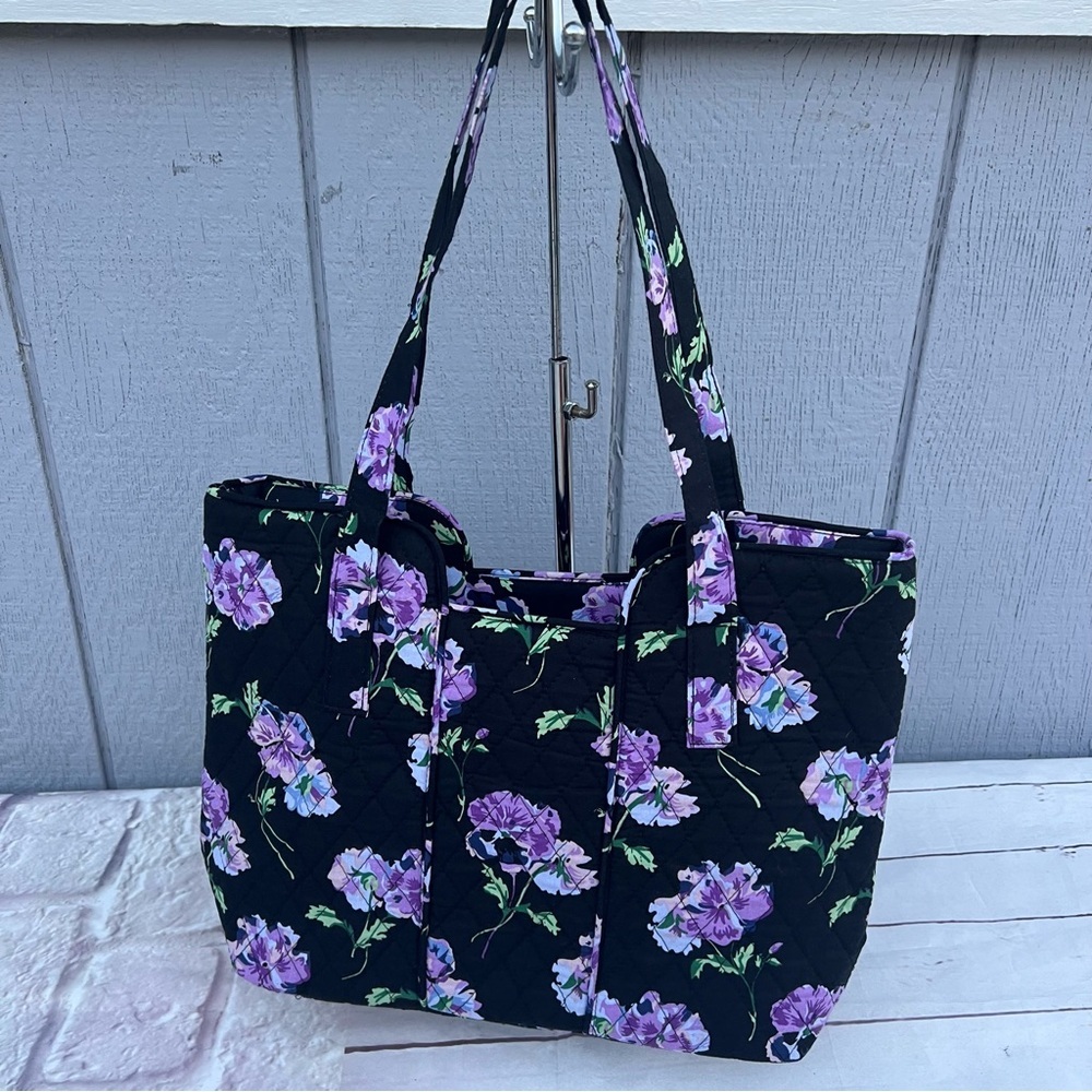 Mary Maxim Purple Black Handbag Floral Black & Purple Quilted Shoulder Tote Bag